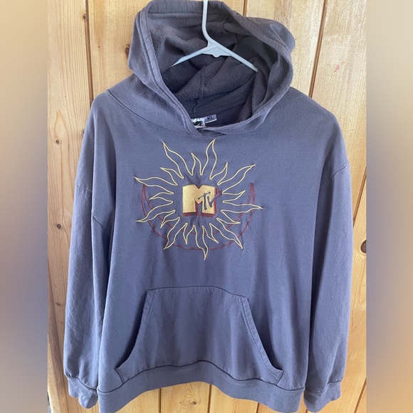 Vintage MTV Sun Logo Gray Pullover Hoodie Sweatshirt XL Fleece Lined Unisex - Picture 2 of 6